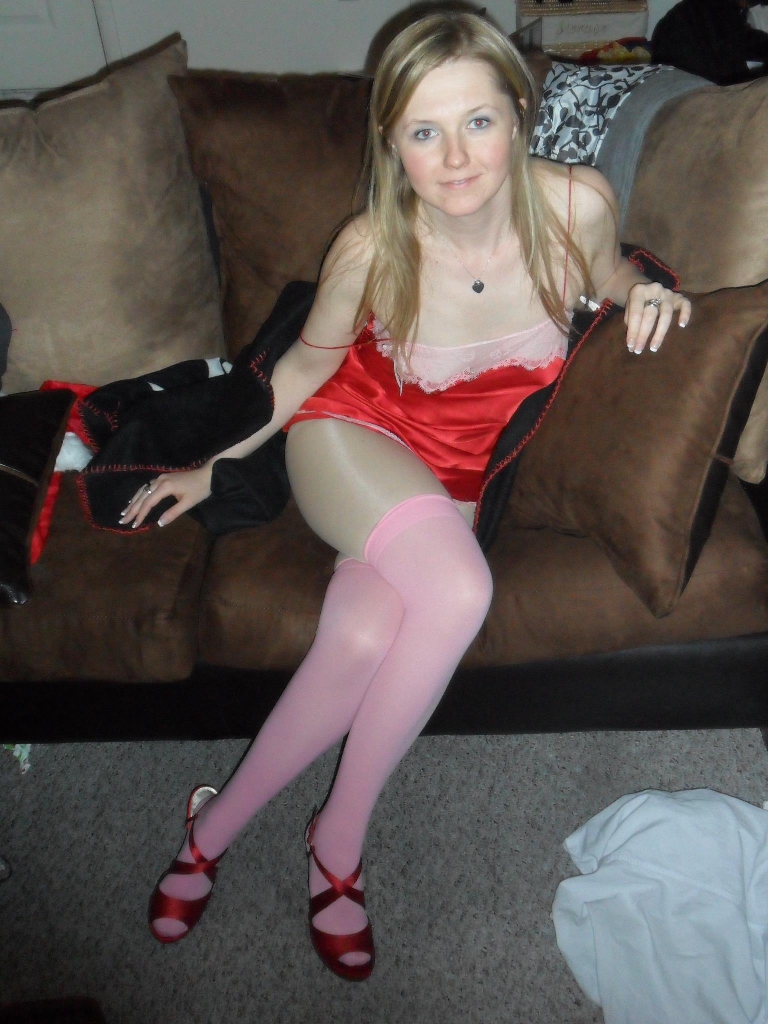 Blonde Girl wearing Pink Opaque Stockings on White Sheer Pantyhose and Red Slip
